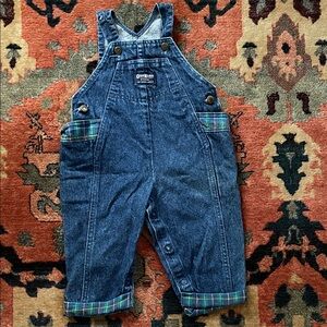Vintage Baby OshKosh B'gosh Denim Overalls Green Plaid Trim 18M